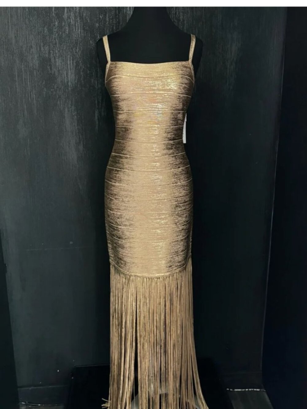 Herve Leger Metallic Foil Print Spaghetti Strap Fringe Bandage Dress Gown - Picture 3 of 11